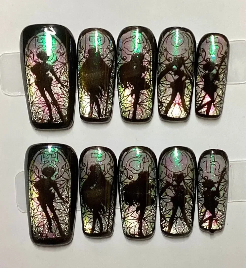 Kawaii Sailor Moon Holo Chrome Cat Eye Handmade Square Press-On Nail S M L
